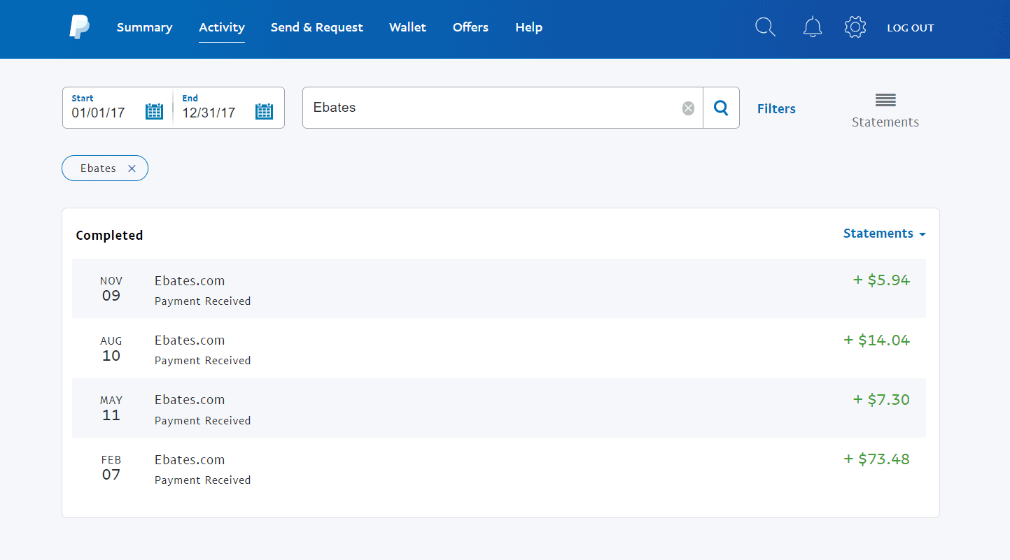 PayPal history showing over $100 in deposits