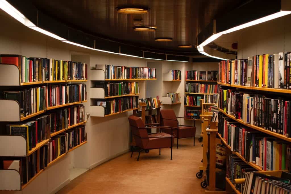 Bookshelves in a library