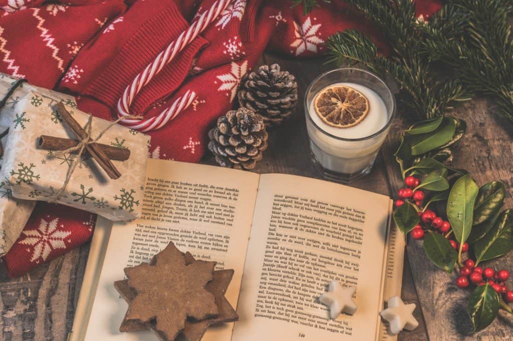 open book with Christmas decorations