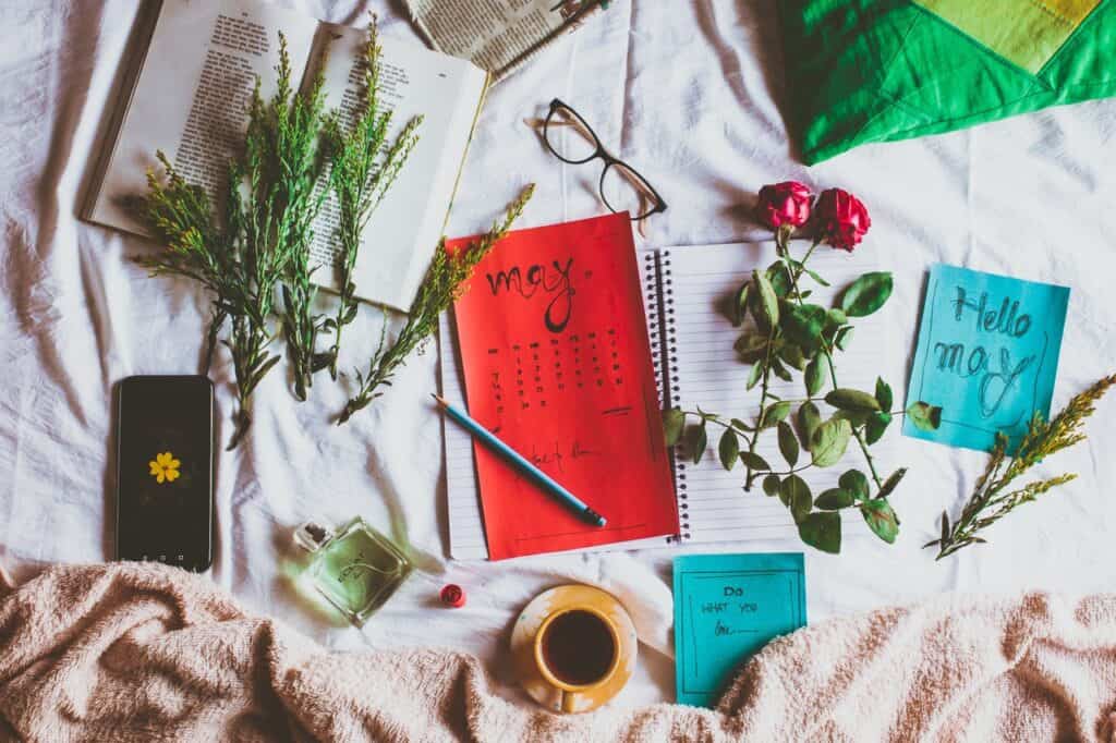 calendar, flowers, coffee